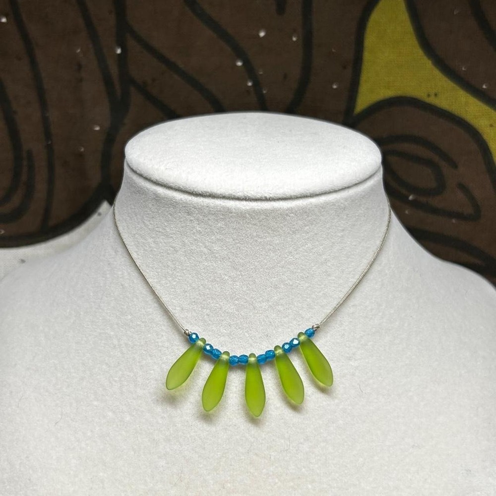 Czech boho chic olive green capri blue necklace indie cord dainty minimalist
